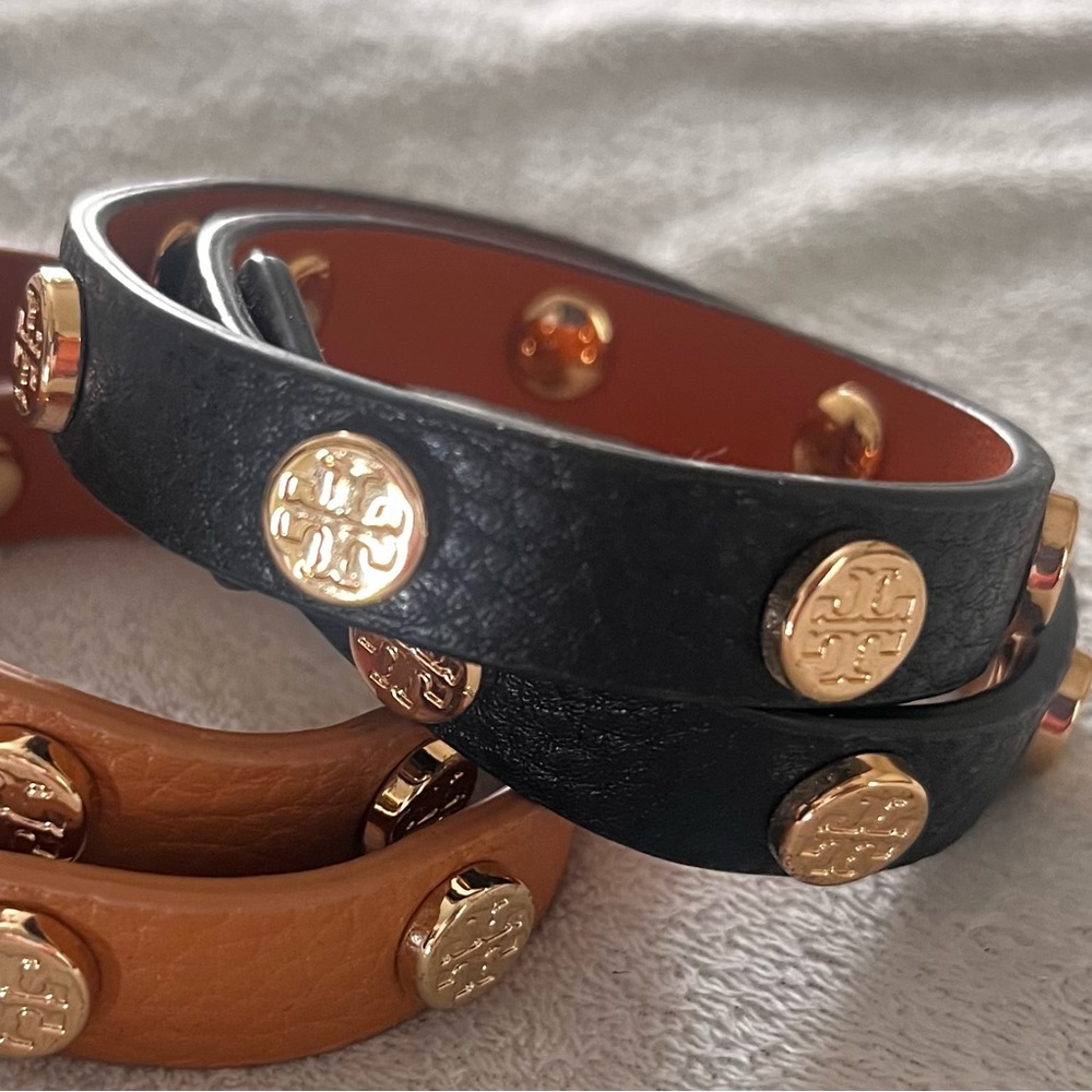 Tory Burch Leather Logo Studded Double Wrap Bracelet